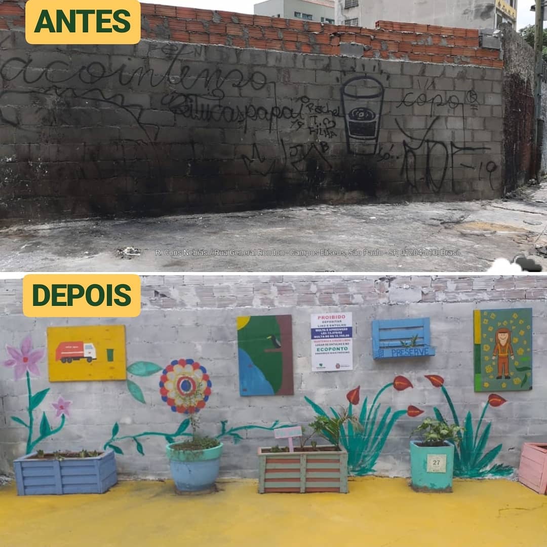 Duas fotos do antes (com muro cinza e pichado) e depois (com o muro pintado e floreiras)